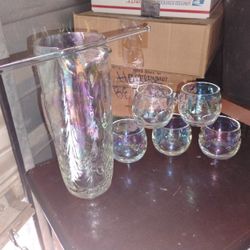 7 Piece Glass Pitcher, Skewer, And 5 Rounds