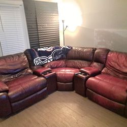 5 Piece Burgundy Leather Sectional Reclining Sofa