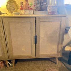 Oak Wood Rattan Storage Buffet Cabinet 