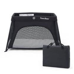 Pamo Babe Mini Travel Crib - Lightweight Baby Playard with Zip Door, Portable & Easy to Carry grey