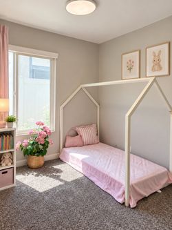 Beautiful New White Wood House Shaped Twin Bed Frame With Mattress