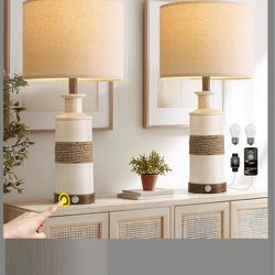 24.5" Farmhouse Boho Table Lamps Set of 2, Hand-Woven Rattan Bedside Lamps with 3-Way Dimmable Touch Control & USB A+C Ports, Nightstand Lamp for Bedr