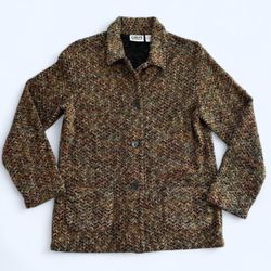 Chico’s Size 1 Medium Green Brown Orange Red Button Up Casual Knit Blazer Jacket