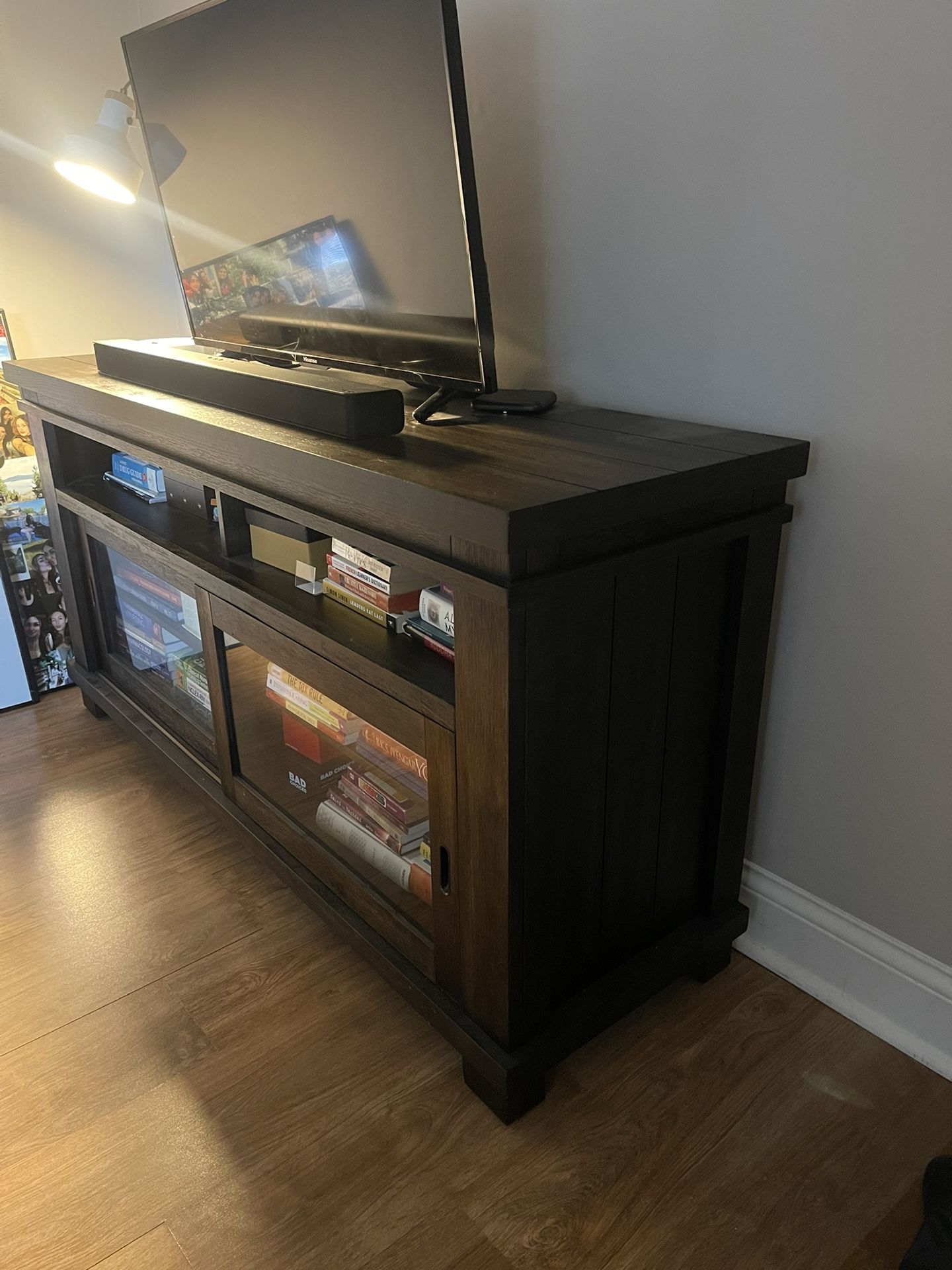 Dark brown wood TV stand 64” 