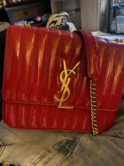 SAINT LAURENT  Patent Calfskin Matelasse Monogram Large Vicky Chain Bag Rouge Eros 