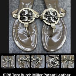 $198 Tory Burch Miller Patent Leather Gold Logo Flat Sandals