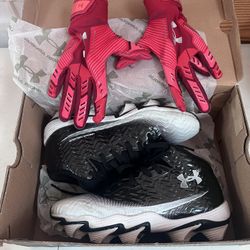 With Gloves For 🏈Size Is Small. And Under Armour American 🏈 Football Cleats UA Spotlight Hammer For Kids Size Is 3.5Y For Ages 8-10 Years Old. 
