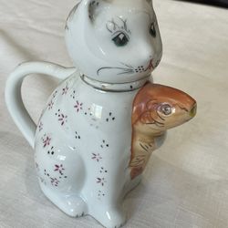 Porcelain Cat Holding Koi Fish Creamer/Teapot/Pitcher 6” Tall