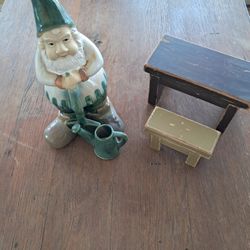 Ceramic Garden Gnome andTwo Wooden Benches