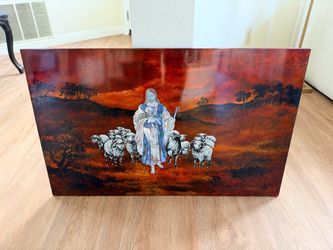 Vintage Mother of Pearl Inlay Lacquer Wall Plaque - Jesus The Good Shepherd (31.5" x 19.75")