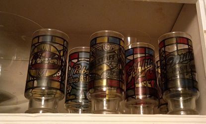 Set Of Six Vintage Anchor Hocking Stained Drinking Glasses /Free Heavy SUDS Glass Pitcher W/Purchase