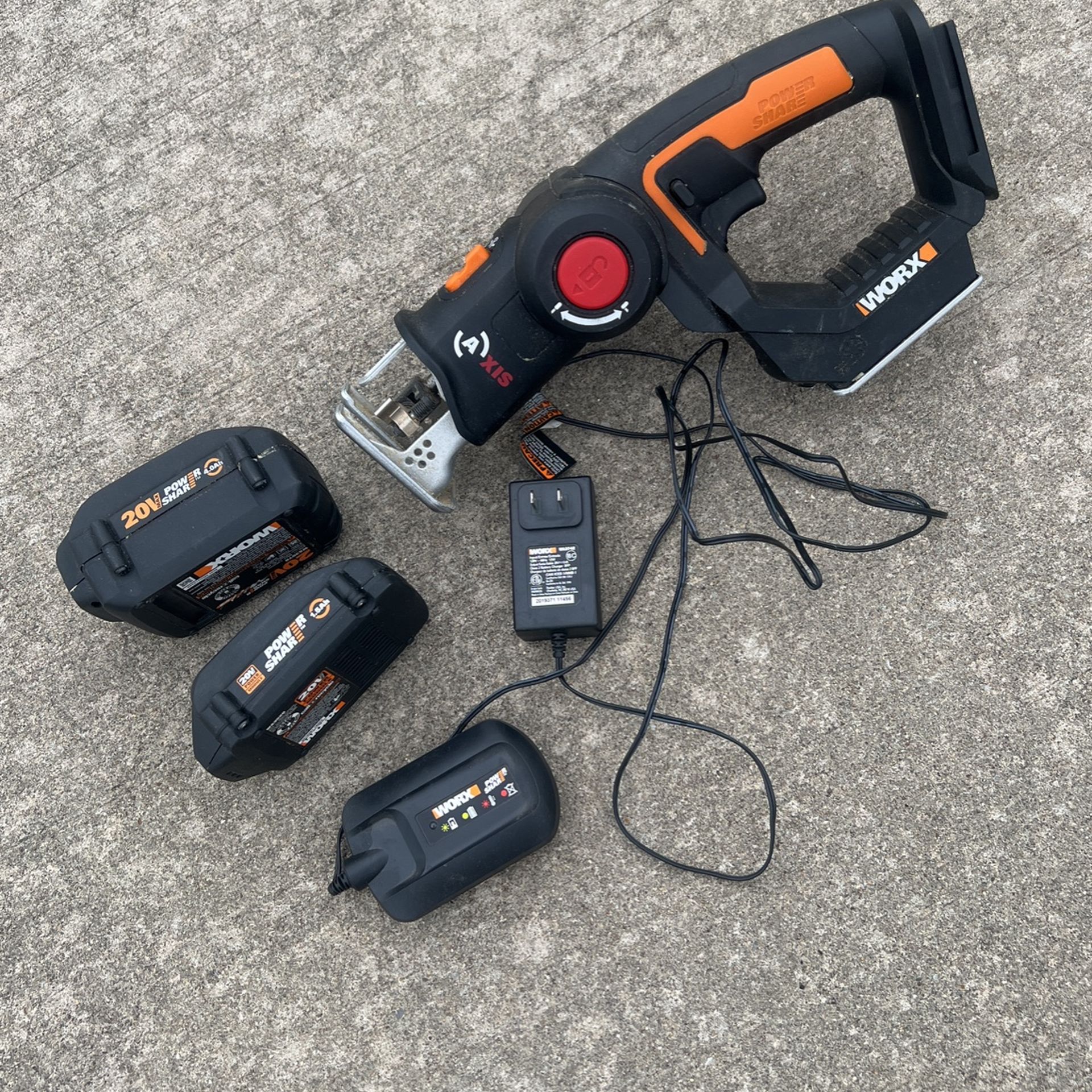 TWO Batteries WORX WX550L.9 20V Cordless Reciprocating Saw, Three Saws