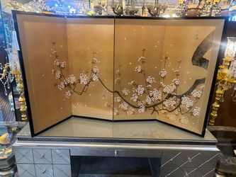 Vintage Japanese byobu folding screen, likely from the Shōwa era (mid-20th century). It is hand-painted on silk or gold-leaf-toned paper