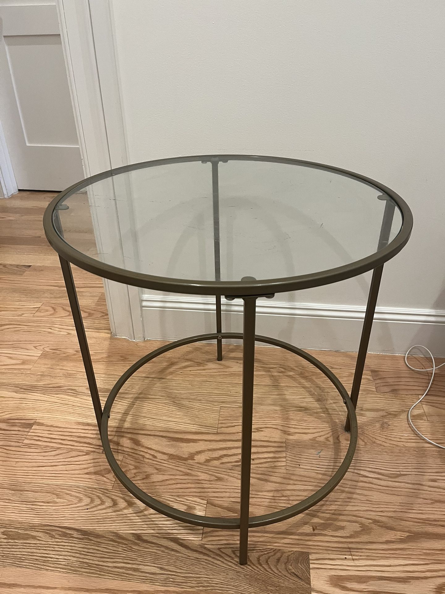 Round Glass Table with Gold Metal Hardware