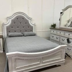 AP🎉 Upholstered Panel Bedroom Set - Chipped White-4-Piece (Bed, Dresser, Mirror, Nightstand) Financing & Delivery 