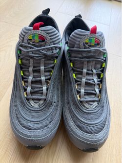Nike Air Max 97 SE "Evolution of Icons" (EOI), characterized by their "Light Graphite" corduroy and leather upper with "TV color bar" tongue logos.
