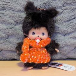 Monchichi Plush Doll Keychain w Orange Sweater Pacifier