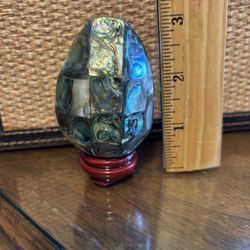 Vintage Mother Of Pearl Egg Paperweight With Wooden Stand