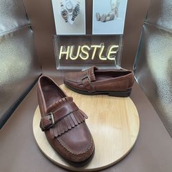 Polo RL Mens Loafers Sz 8.5 Brown Leather Kiltie Fringe Side Buckle Moccasin Shoes