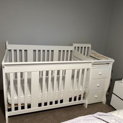 Convertible Baby Crib with Attached Changing Table & Drawers – White