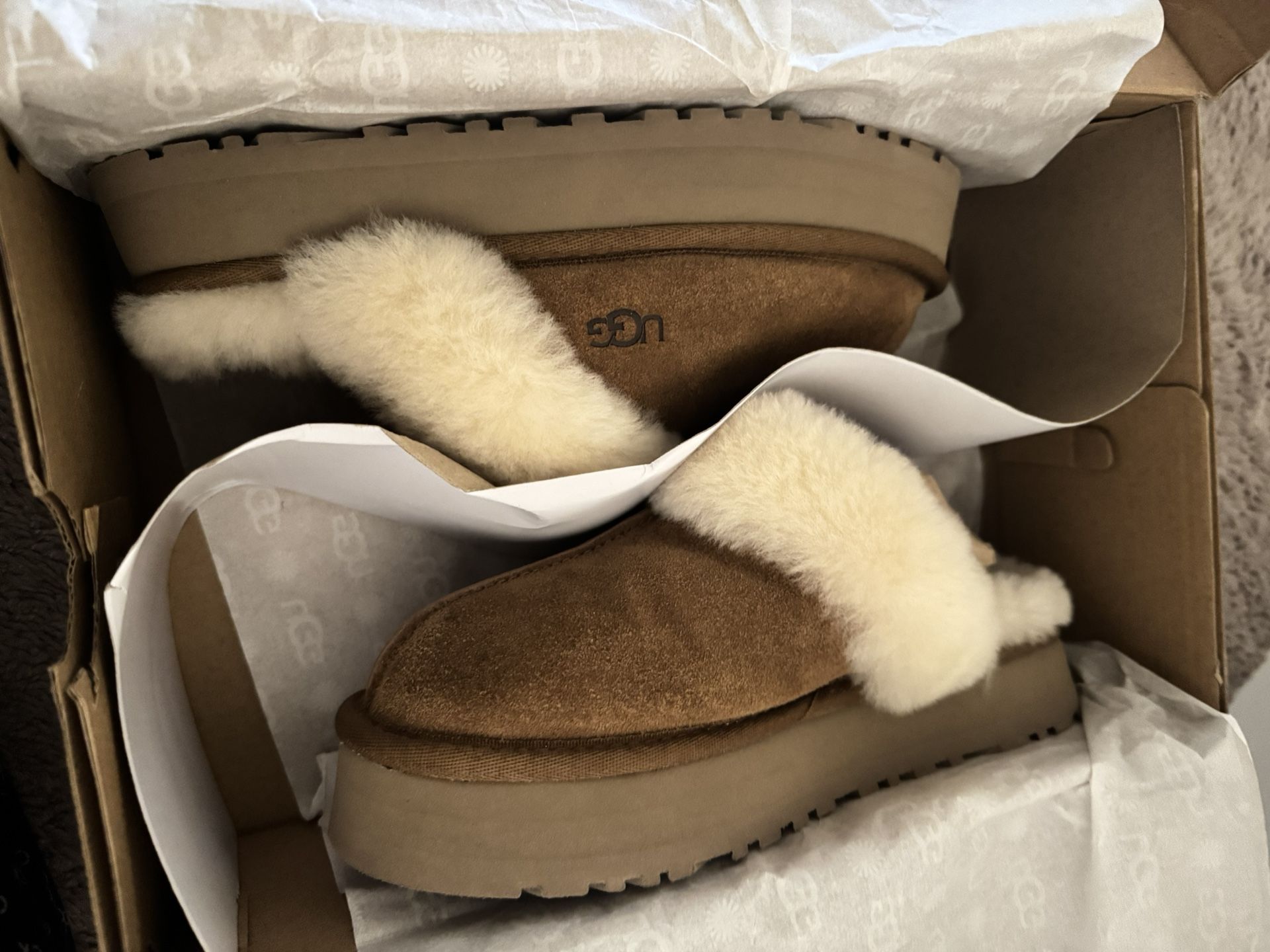 UGG Tan Disquette Platform Slippers
