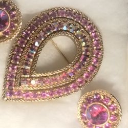 Red Ruby And Rhinestone Brooch And Earrings