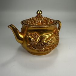 Chinese Qianlong Marked Gold Gilt Phoenix Dragon Legend Cloud Tea Pot 