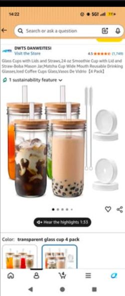 24 oz Glass Cups with Lids and Straws 4-Pack