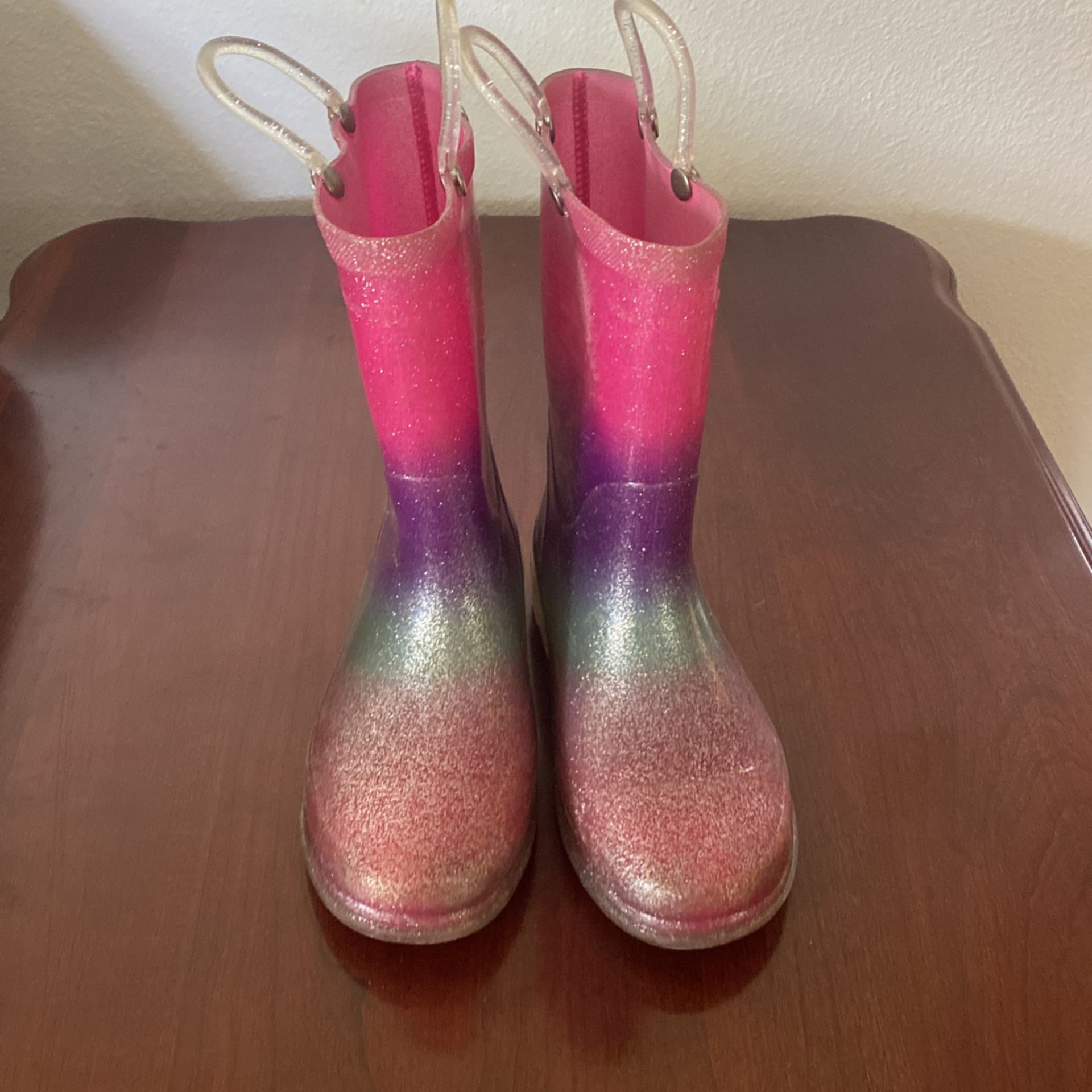 Girl Rain Boots Pink Sparkle Rainbow Light Up Size 12