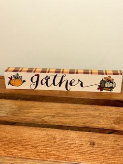 12” Fall "Gather" Wooden Block Sign with Plaid Top & Pumpkins