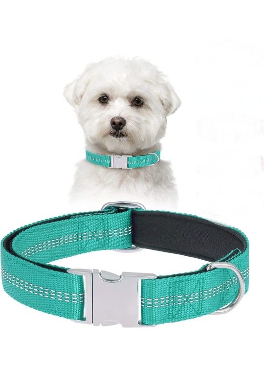 Reflective Nylon Soft Neoprene Padded Dog Collar with Metal Heavy Duty Quick Release Buckle Turquoise S