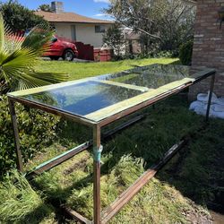 Huge Industrial Custom Made 1/2” Thick Beveled Glass Table Heavy Duty Steel Frame 