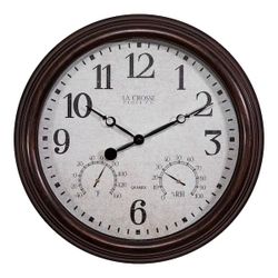 15 in. Brown Indoor/Outdoor Quartz Wall Clock with Thermometer and Hygrometer