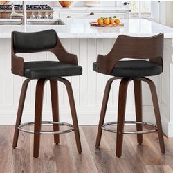 Counter Height Bar Stools Set of 2, 26" Mid Century Modern Swivel Barstools with Back and Armrest, Faux Leather Upholstered Counter Stools for Kitchen