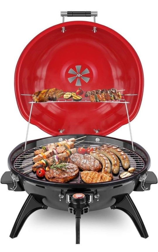 Electric BBQ Grill Techwood 15-Serving Indoor/Outdoor Electric Grill for Indoor & Outdoor Use, Double Layer Design, Portable Removable Stand Grill, 16