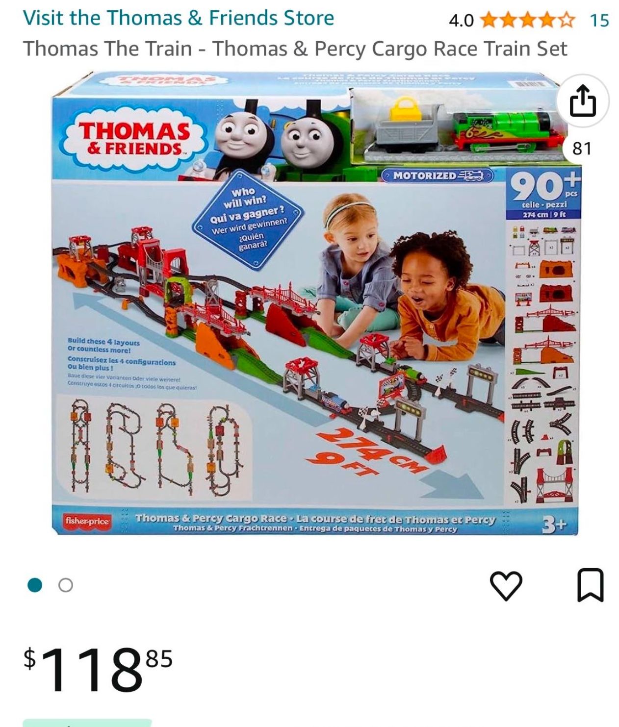 Thomas & Friends Motorized Thomas & Percy Cargo Race Train Set 4 Layouts 9ft 90+