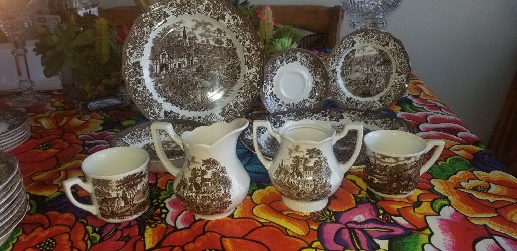 GORGEOUS 48PC VTG MEAKIN ROYAL STAFFORDSHIRE STRATFORD STAGE BROWN IRONSTONE TABLEWARE DISHES