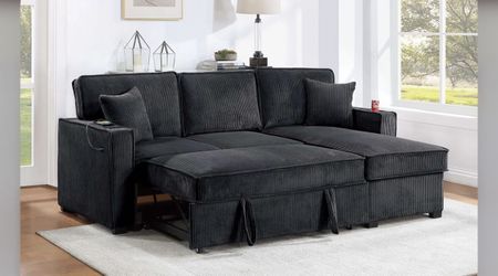New! 89”L Reversible Black corduroy Sectional Sofa Bed, Sectional Sofa Bed, Black Sofa, Sleeper Sofa, Grey Couch, Reversible Sectional, Sectional Sofa