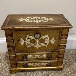 Vintage Gold Gilt Florentine Wood 2 Drawers & Cabinet Jewelry Box Chest Japan