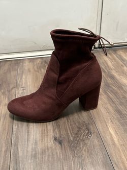 Burgundy Suede Block Heel Ankle Boot