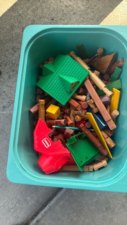 Mixed Lot Wooden Building Blocks and Toy Pieces