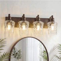 (Brand New in Box) Bathroom Light Fixtures Farmhouse Oil Rubbed Bronze Vanity Lights for Bathroom Lighting Fixtures Over Mirror with Hammered Glass L