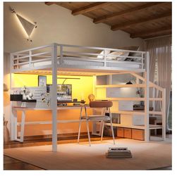 White Metal Loft Bed with Desk and Shelves