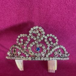 Vintage Rhinestone Tiara, Queen Crown, Royal Wedding for Bride Jewelry Blue
