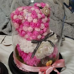 Rose Bear In Glass Dome 