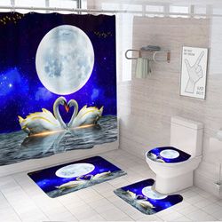 4pc Swan Lake Lovers Nightsky Blue Black Shower Curtain Set 