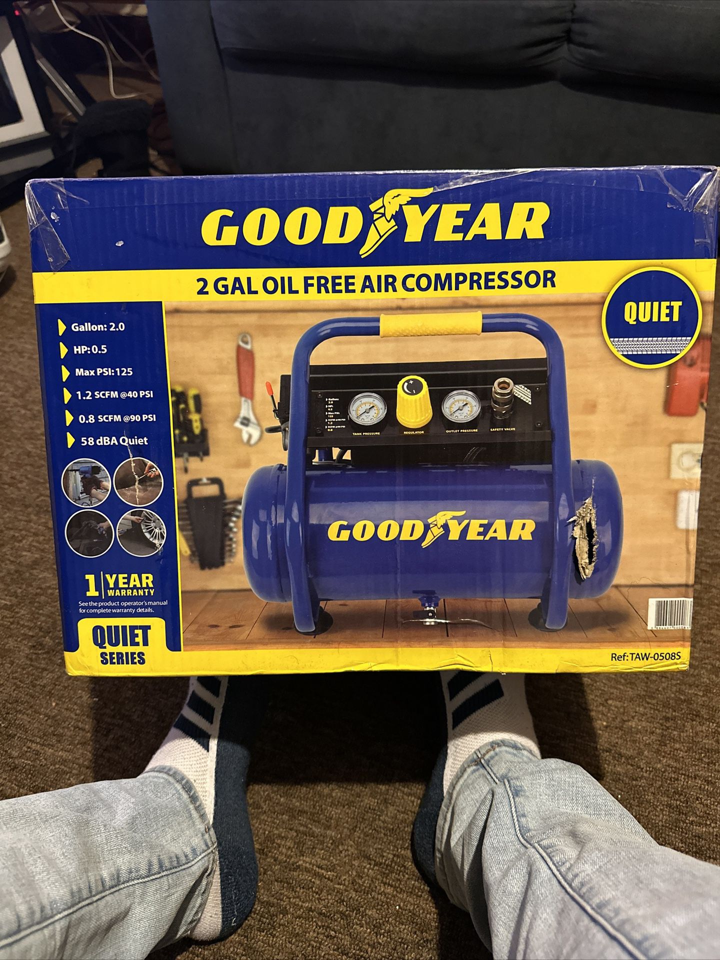 Goodyear TAW-0508S 125 psi 2 Gal Quiet Portable Roll Cage Design Air Compressor