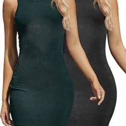 Women's Sleeveless Tank Dress, Ribbed Scoop Neck Ruched Stretchy Bodycon Slim Fit Mini Tank Dress