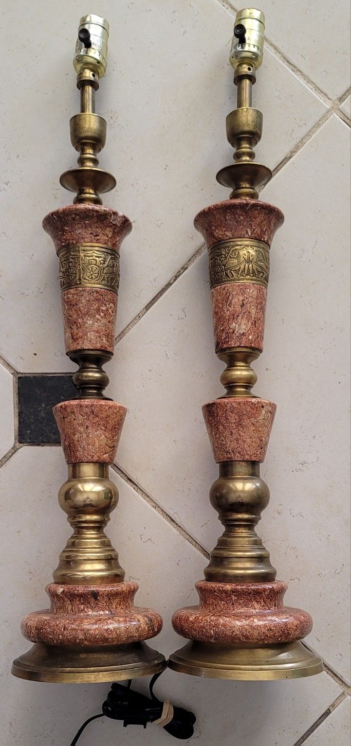 Hollywood Regency Italian Style Large Marble and Brass Table Lamps (Rare find)