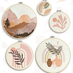 Putuo Decor 5pcs Boho Wall Art for Bedroom, Round Wooden Living Room Wall Decor, Framed Minimalist Bohemian Wall Decor for Living Room, Bedroom, Offic